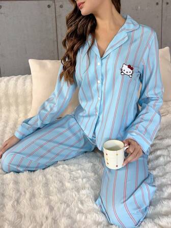 Sanrio 2 件套 Hello Kitty 女式长袖衬衫睡衣 + 松紧腰长裤可爱睡衣套装