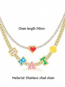 1pc Stainless Steel Y2K Customized Fashionable Smiling Face & Heart Text Necklace, Initial Charm Personalized Jewelry Gift, Customized Monogram Disc Necklace, Personalized Gift For Friends, Couples And Family - Gold Side Chain - View 5