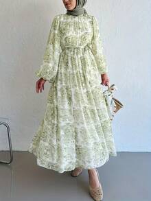 Vestido con mangas de farol, cintura recogida y estampado floral elegante para uso diario