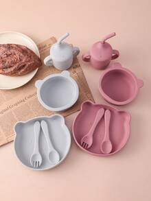 PopLittleOne 5PCS Silicone Baby Tableware Sets Solid Color Utensils Portable Sippy Cup Cartoon Bear Shape Plate Bowl Feeding Sets For Baby - Multicolor - View 3