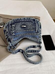 1 件新款纯色时尚牛仔背包，大容量拉链开合可调节肩带休闲小众设计男士单肩包/斜挎包，适合日常通勤、工作、上学、购物、自送礼