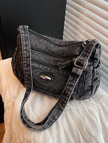 1 件新款纯色时尚牛仔背包，大容量拉链开合可调节肩带休闲小众设计男士单肩包/斜挎包，适合日常通勤、工作、上学、购物、自送礼