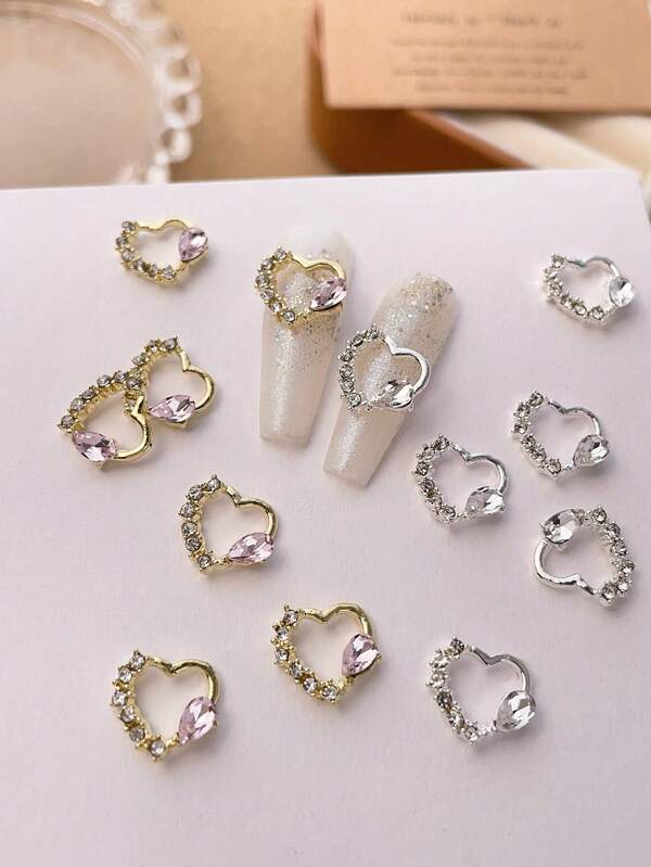 Gold Silver Heart Nail Art Decorations Shiny Pink White Rhinestones Nail Charms 10pcs 3D Valentine's Day Alloy Love DIY Nails Gems Gift For Girls Acrylic Press On Nails Phone Cases Shoes Clothes Bags Crafts Nail Supplies