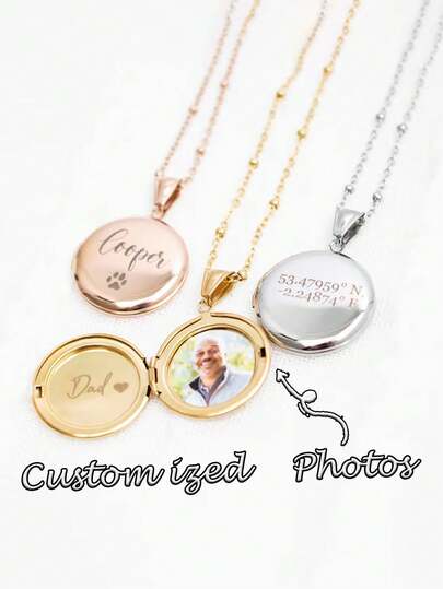 Engraved Photo Locket Necklace, Stainless Steel Round Locket Necklace, Engraved Locket Necklace, Gift For Her, Memorial Gift