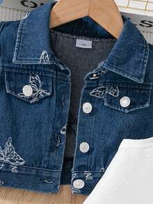 Summer Fashionable 3 PiecesDenim Set For Toddler Girls, Including Butterfly Jacquard Collar Denim Vest, White Ribbed Camisole, And Butterfly Jacquard Denim Skirt, Stylish Denim 3 Pieces Set For Casual Daily Wear - White - View 5