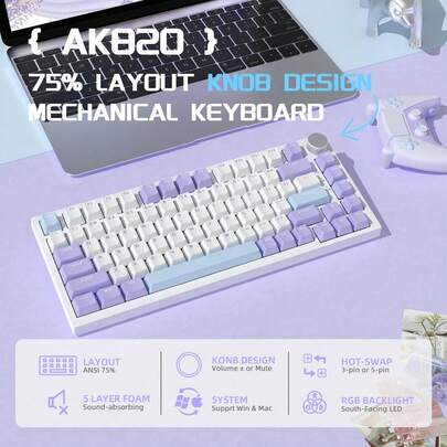 ATTACK SHARK MAMBASNAKE AJAZZ AK820 kabelgebundene mechanische Gaming-Tastatur mit Lautstärkeregler, Hot-Swap-fähig, 75% Gasket-Tastatur, 5-lagiges geräuschschluckendes Schaumstoff, PBT-Keycaps, eisblau hinterleuchtet, blaue Schalter für PC/Win