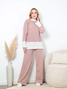 Oversize Knit Set In Plain Mousse Yarn With Striped Detail On The Hem, Autumn Winter - Rosa - View 1