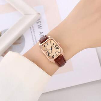 1 件女士优雅简约宽矩形罗马数字表盘竹表带时尚手表，适合日常穿着、生日、周年纪念礼物