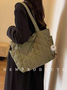 新款时尚大容量绗缝钻石设计双手柄单肩托特包，轻巧便携，女士钱包，适合夏季户外旅行，饰有动物吊坠，旅行必备背包 - 綠色 - 查看 4