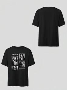 Customized Photo Collage Short Sleeve Shirt, Customized Text & Graphic Loose T-Shirt, Add Your Favorite Photos To Customize, Personalize With Friend/Couple/Pet/Family/Selfie/Best Friend Photos, Customize Family Gathering Group, Family Reunion Clan Group, Friends Gathering Customized Apparel - Black - View 3