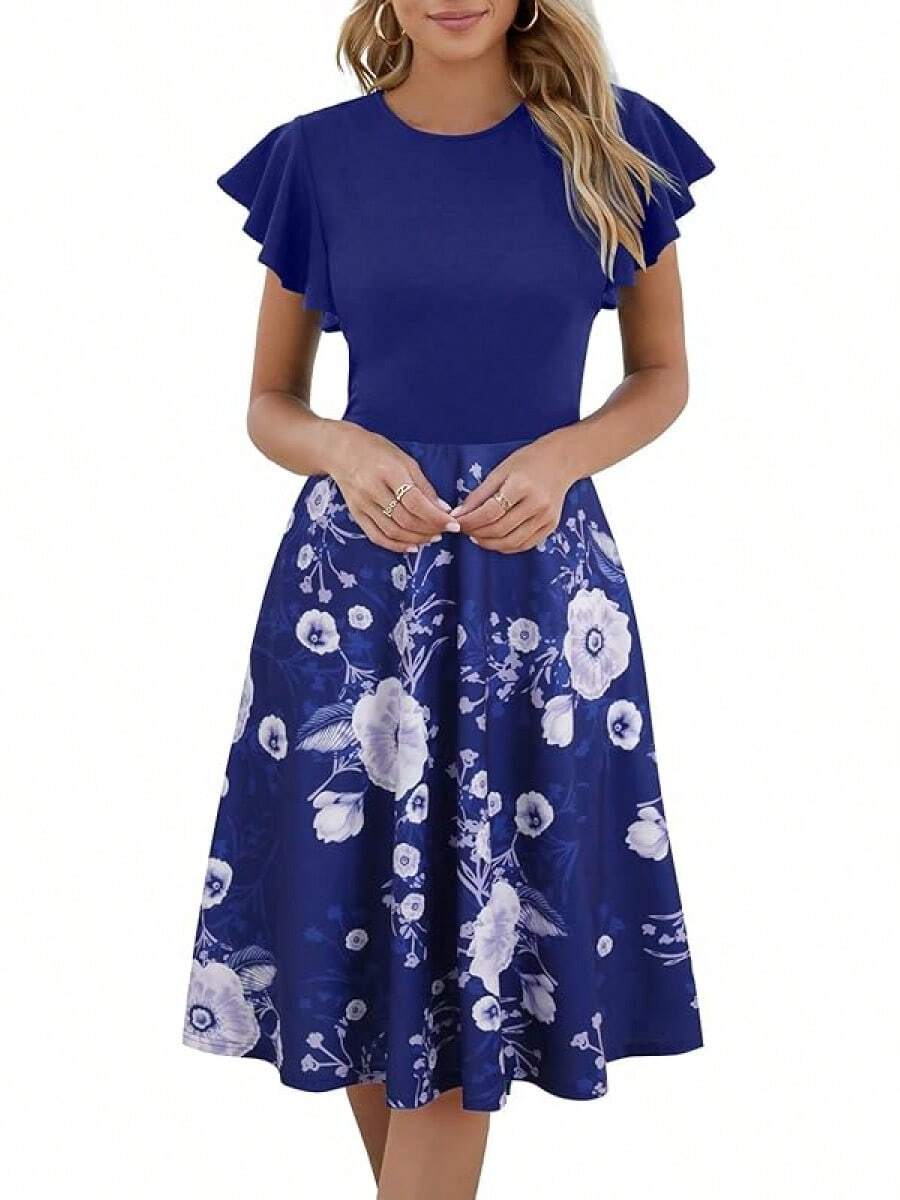 Women's Semi-Formal Ruffle Sleeve V-Back Work Fit And Flare Cocktail Knee Length Dress With Pockets, 2025 Style - 皇家花卉 - 查看 1