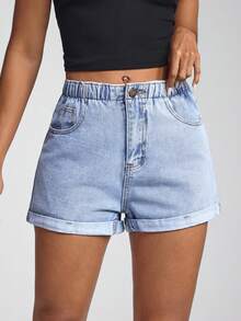 Jeanoix High Waist Slant Pocket Roll Hem Denim Shorts - Light Wash - View 3
