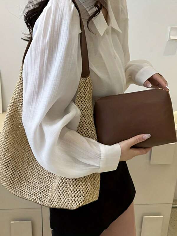 Casual Woven Shoulder Bag, Summer Beach Straw Handbag, Fashionable Chic Beach Travel Grass Woven Bag
