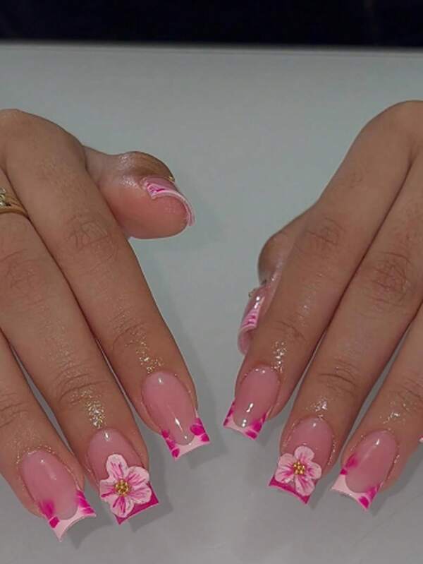 24pcs French Pink Nails Press On 3D Flowers Press On Nails Medium False Nails Square Shape Nails Art Manicure Set Includes 1sheet Adhesive Tabs & 1pc Mini File Perfect For Everyday Wvear