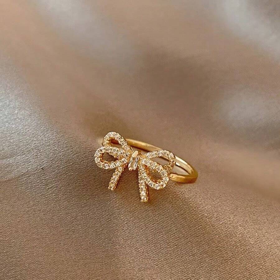 2025 Vintage Gold Bow Ring Silver Adjustable Diamond Round Ring Women's Birthday Party Prom Jewelry Gifts