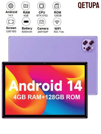 Qetupa Tableta Android 14 de 10.1 pulgadas, 4GB RAM+128GB ROM, CPU de 8 núcleos MTK 6762, 6000mAh+Carga tipo C+WiFi 5G+BT 5.2, cámara frontal de 2MP y cámara trasera de 5MP, pantalla IPS HD grande de 1280*800