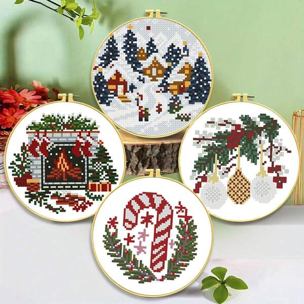 [Christmas Cross-Stitch] Christmas DIY 1 Set Printed Cross-Stitch Kit | 11CT Middle Grid 3-Strand Embroidery Beginner Kit For Living Room Wall Home Decor - DIY Cross-Stitch Craft Kit