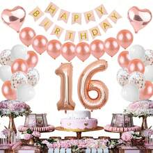 32 Pcs Sweet 16th Decorations Pink Happy Birthday Banner 30inch Rose Gold Number 16 Balloons Rose Gold Confetti Balloons White Sash 16th Birthday Party Supplies Photo Props