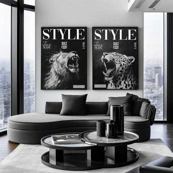 1/2 piezas Lienzo impreso con arte de pared de moda con estampado de león rugiendo en blanco y negro para decoración del dormitorio, sala de estar u oficina, regalo para ella sin marco