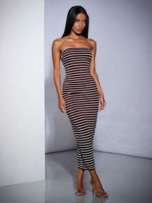 Vestiso mujer strapless largo maxi  rayas  color combinado   casual  dulce  sencillo   canalé  rib  abertura trasera caminar playa  noche de fiesta  vacaciones oficina  casa  diario  fiesta de cumpleaños  jardín  calle  concierto de música country  verano - Marrón Chocolate - Ver 4