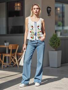 Flower Embroidery Tank Tops For Women Summer Causal Loose Scoop Neck Sleeveless Button Shirt - White - View 6