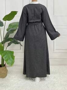 斋月圆领长袖卡夫坦连衣裙，优雅系腰超长连衣裙，女士服装 - 深灰色 - 查看 6