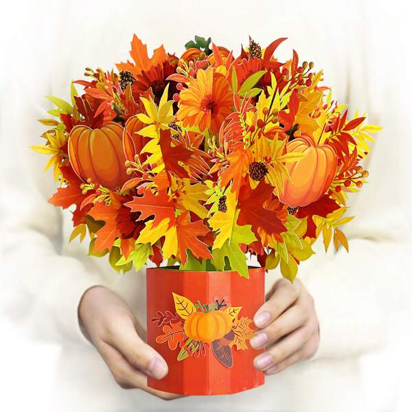 1 Pc Autumn Pumpkin Bouquet Pop-Up Card, Maple Leaf Pine Cone, 9.8-Inch Life-Size Permanent Bouquet 3D Pop-Up Card, Autumn Card, Birthday Card, Blank Note Card And Envelope