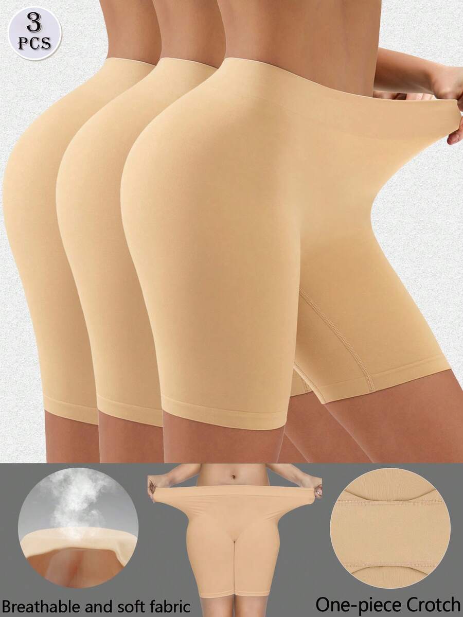 3pcs/Pack Women's Comfortable Seamless Smooth Lining Shorts, Suitable To Wear With Dresses - Apricot - View 1