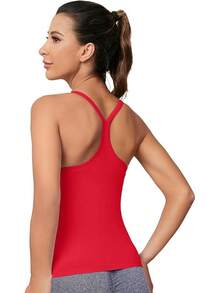 Workout Tops Women With Built In Bra, Sleeveless Gym Tops Seamless Racerback Athletic Yoga Shirts, Activewear - 真紅 - 查看 5