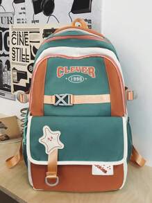 1 Pc American Retro Style Student Backpack.Large Capcity School Bag With Smiling Star Applique.Dual-Compartment Design With 'Cookies' Patch And Adjustable Padded Straps.Lightweight School Backpack.Lively Student Bag.Women's Backpack.Soft Fabric School Rucksack With Side Toggle Pockets.Back To School Supplies.Perfect For School,Back To School, Picnics Or Family Outings,Weekender.Summer Necessities.
