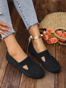 Women's Round Toe Knitted Flat Casual Sneakers, Comfortable Everyday Walking Slip-On Loafers, Suitable For Mothers