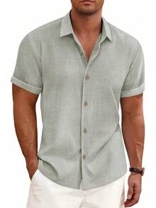 Linen Shirts Men Casual Short Sleeve Button Down Shirt Cool Summer Beach Wedding Vacation Tops - Denim Blue - View 6