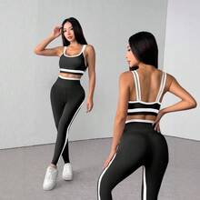 Conjunto de 2 peças de regata e calça esportiva, roupa esportiva casual e sexy - Preto - Ver 9