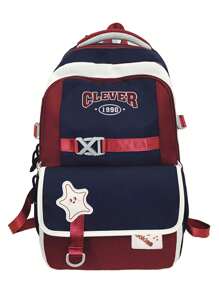 1 Pc American Retro Style Student Backpack.Large Capcity School Bag With Smiling Star Applique.Dual-Compartment Design With 'Cookies' Patch And Adjustable Padded Straps.Lightweight School Backpack.Lively Student Bag.Women's Backpack.Soft Fabric School Rucksack With Side Toggle Pockets.Back To School Supplies.Perfect For School,Back To School, Picnics Or Family Outings,Weekender.Summer Necessities.