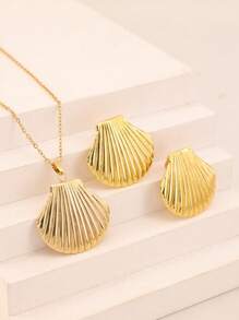 3 Pcs/Set Fashion Shell Pendant Jewelry Set, Ocean Series Stainless Steel Jewelry Set, Beach Necklace Earrings, Stainless Steel Jewelry Including Necklace And Earrings, Suitable For Women's Daily Wear