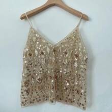 Camisetas de tirantes sin mangas con escote en V y espalda descubierta, corte holgado y lentejuelas para mujer. - Albaricoque A - Ver 9