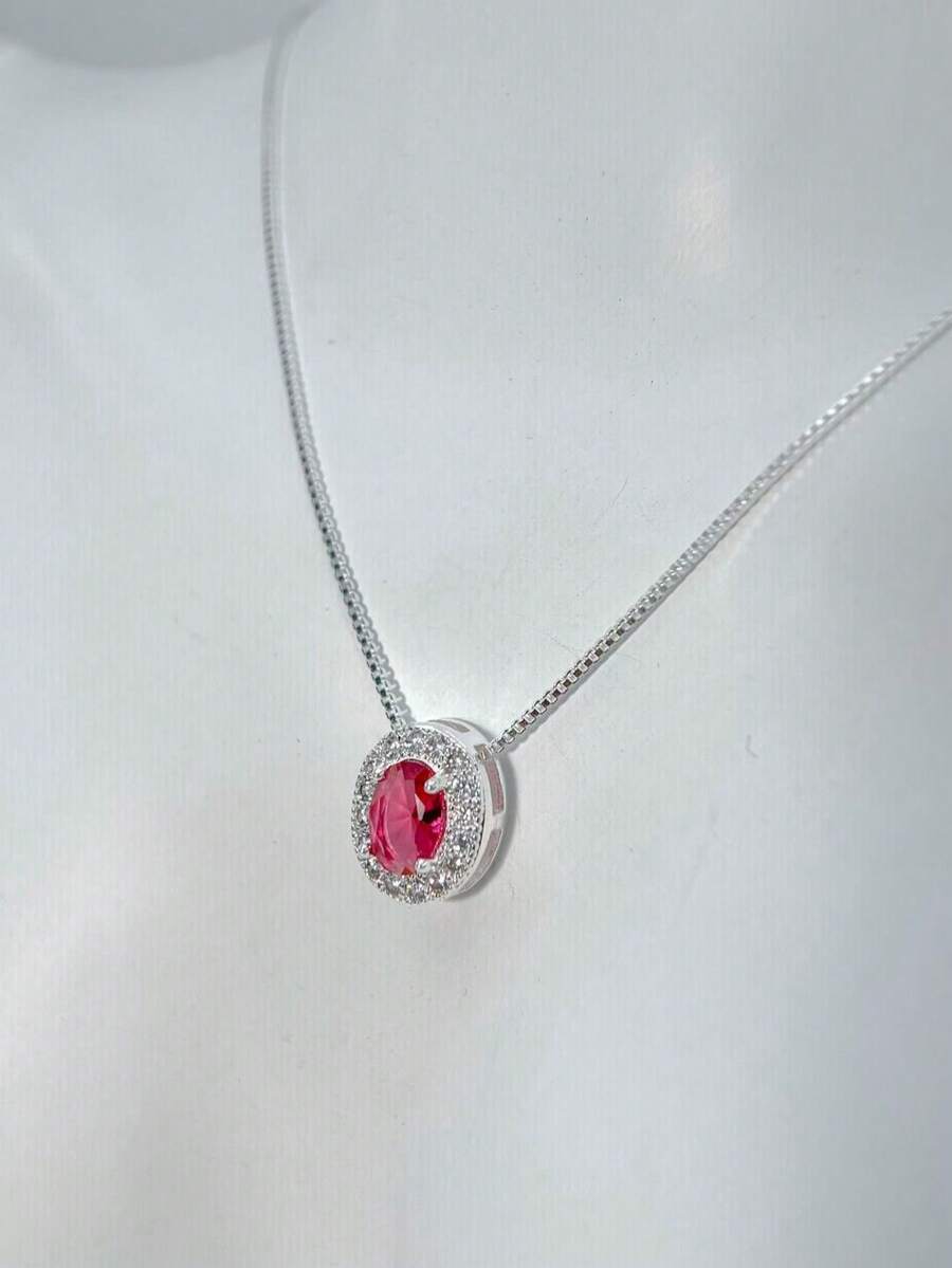 WOMEN'S NECKLACE IN OVEAL MICRO-ZIRCONIA PLATED IN 18K GOLD SILVER. - Hot Pink - View 1