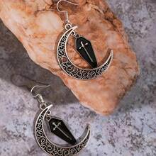 1 Pair Vintage Gothic Engraved Moon & Enamel Cross Coffin Pendant Earrings, Halloween Gift