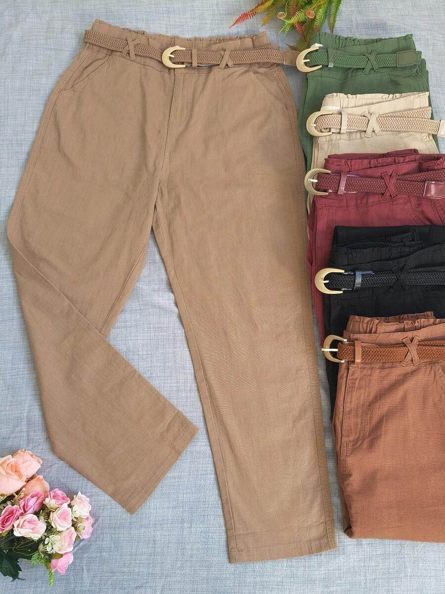 Calca plus linho Elastica com Cinto Feminina - Castanho - Visão 1