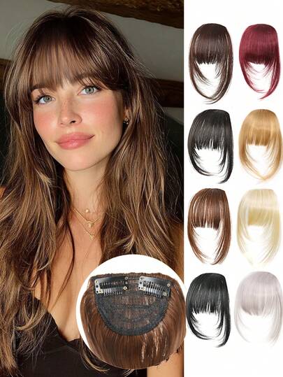 Gerade Clip-In Pony Haarverlängerung mit geradem Pony und zwei langen, geraden Seiten, schwarz-braune Haarverlängerung für Frauen, 1 Stück