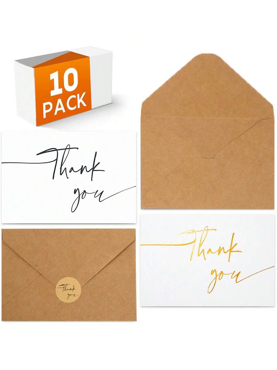 10pcs Thank You Cards With Envelopes, Holiday Party Wedding Appreciation Notes, Teacher, Graduation, Business, Holiday And Christmas Thank You Cards, Gift Set [White, Kraft Paper] - Multicolor - View 1