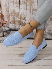 Women's Knitted Flat Square Toe Loafers, Comfortable Mother's Shoes, Breathable For Spring & Autumn