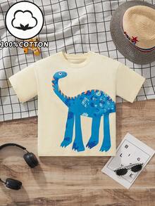 1 Áo thun cổ tròn tay ngắn in hình khủng long hoạt hình thường ngày cho trẻ em, thời trang xuân/hè - Màu be - Xem 1