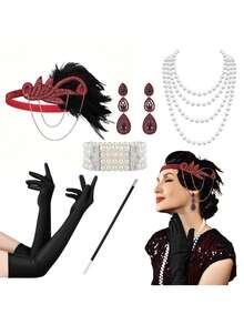 D EXCEED 6 件女式 1920 年代轻佻女郎套装，带头带串珠项链耳环手套，适合复古婚礼服装配饰 | 盖茨比服装，适合万圣节、派对和单身派对 - 彩色 - 查看 2