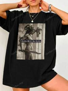 Women's Summer Girls Will Be Girls Graphic Print Round Neck Short Sleeve Simple Casual Everyday Plus Size T-Shirt Tops, Medusa T-Shirt With Perseus Head, Feminism T-Shirt, Women Empowerment T-Shirt