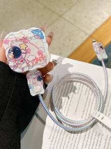 Set de 5 piezas Protector de cable de carga con diseño de cojín con estampado de astronauta, compatible con adaptador de cargador estándar británico de 20W, adecuado para iPhone11/12/13/14/15/16 Pro Max, cable de datos anti-doblado, fijador de cable, anti-rotura, protector de cabezal de cargador de TPU, accesorios de cargador, accesorios de teléfono