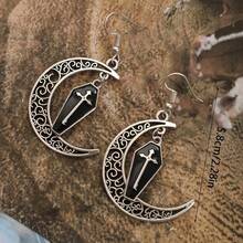 1 Pair Vintage Gothic Engraved Moon & Enamel Cross Coffin Pendant Earrings, Halloween Gift