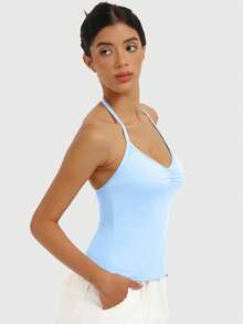SUPEKYKO 女士可调节瑜伽上衣 - 交叉后背褶皱运动文胸，带可拆卸胸垫，适合运动和日常穿着 - 淺藍色 - 查看 5