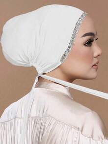 1 件女士时尚纯色水钻穆斯林头巾帽，百搭围巾头巾，适合日常佩戴、派对