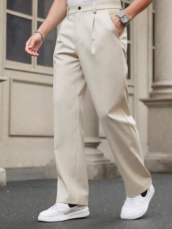 Nya draperade raka herrbyxor Mode affärsmässig lös casual vida ben kostymbyxor, veckade byxor med fickor för pojkvän och make